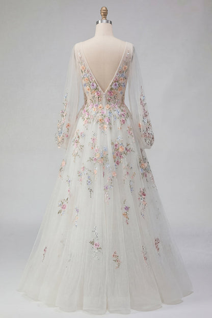 Long Sleeves Floral Ruched V-Neck White A Line Floor Length Wedding Dress