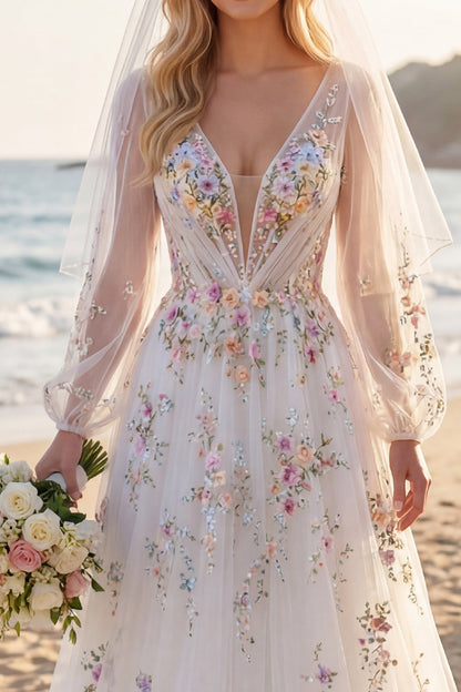 Long Sleeves Floral Ruched V-Neck White A Line Floor Length Wedding Dress