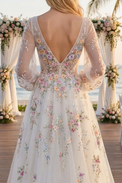 Long Sleeves Floral Ruched V-Neck White A Line Floor Length Wedding Dress