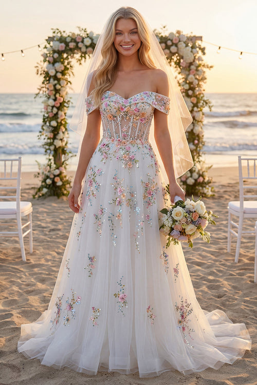 Off the Shoulder Floral Corset Sparkly White Beaded Sweep Train Wedding Dress