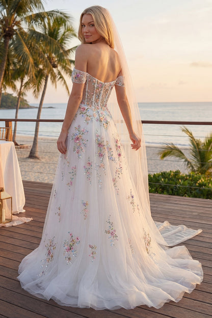 Off the Shoulder Floral Corset Sparkly White Beaded Sweep Train Wedding Dress