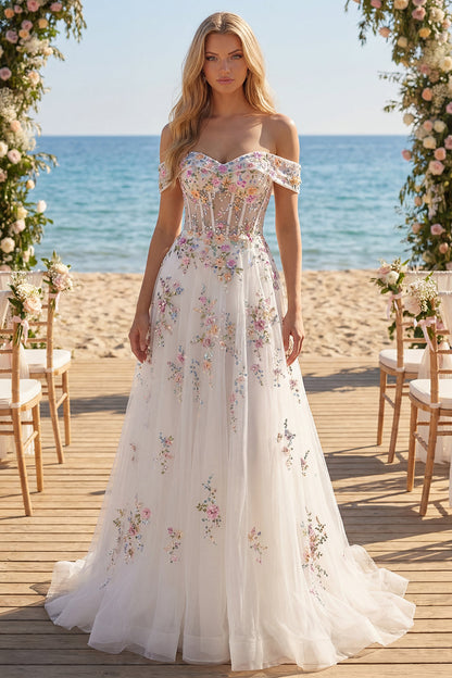 Off the Shoulder Floral Corset Sparkly White Beaded Sweep Train Wedding Dress