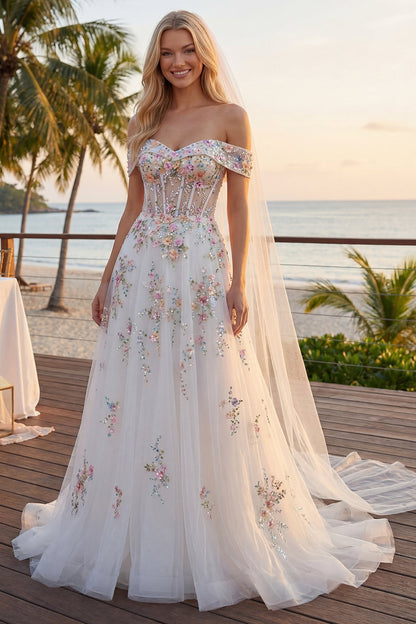 Off the Shoulder Floral Corset Sparkly White Beaded Sweep Train Wedding Dress
