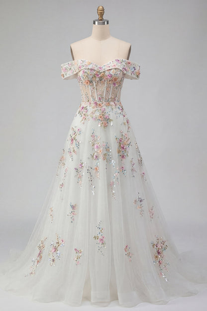 Off the Shoulder Floral Corset Sparkly White Beaded Sweep Train Wedding Dress