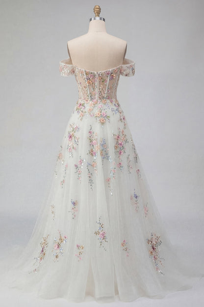 Off the Shoulder Floral Corset Sparkly White Beaded Sweep Train Wedding Dress