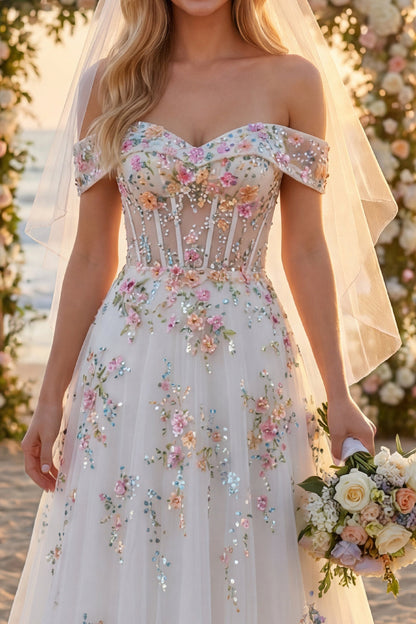 Off the Shoulder Floral Corset Sparkly White Beaded Sweep Train Wedding Dress