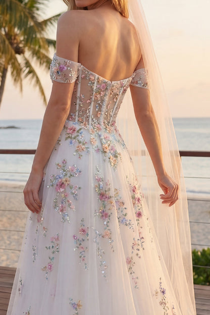 Off the Shoulder Floral Corset Sparkly White Beaded Sweep Train Wedding Dress