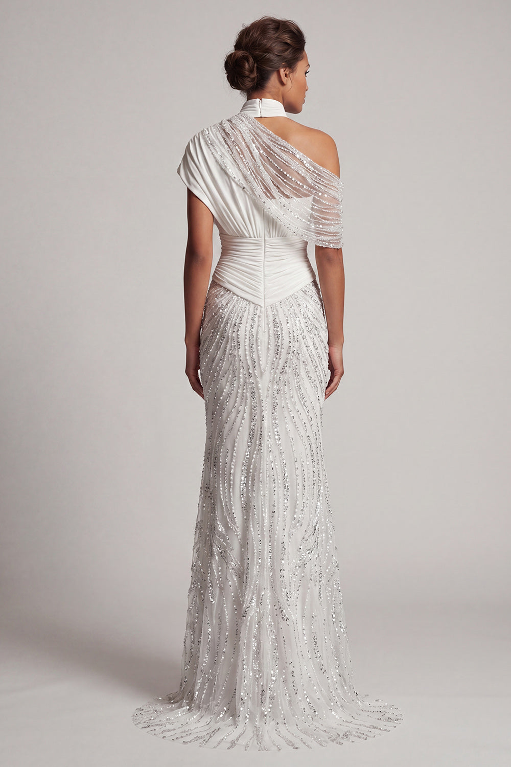 Long Sparkly White Beaded Mermaid Ruched Mother of the Bride Dress