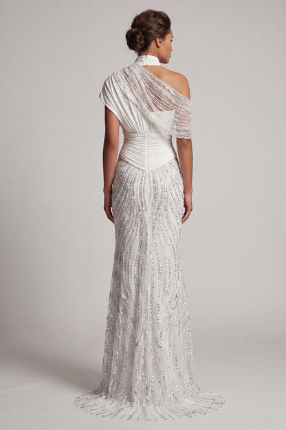 Long Sparkly White Beaded Mermaid Ruched Mother of the Bride Dress