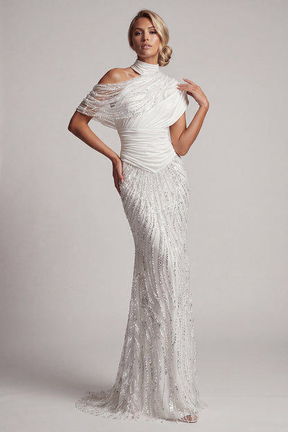 Long Sparkly White Beaded Mermaid Ruched Mother of the Bride Dress