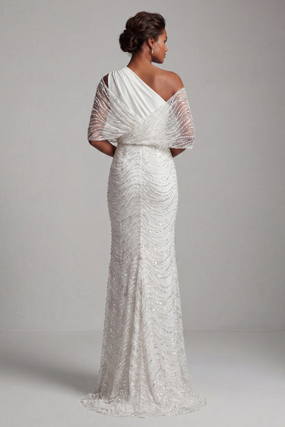 Sparkly White Long Beaded Mermaid Ruched Mother of the Bride Dress