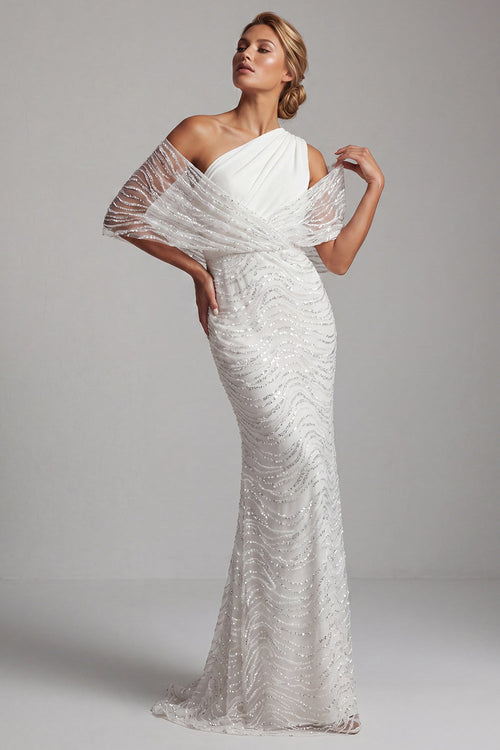 Sparkly White Long Beaded Mermaid Ruched Mother of the Bride Dress