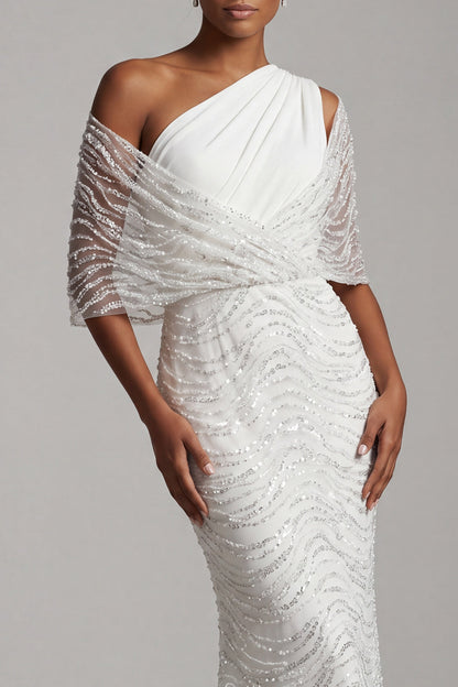 Sparkly White Long Beaded Mermaid Ruched Mother of the Bride Dress