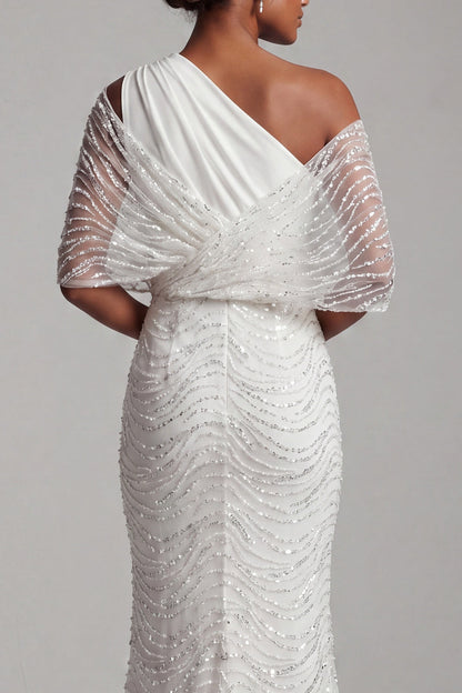 Sparkly White Long Beaded Mermaid Ruched Mother of the Bride Dress