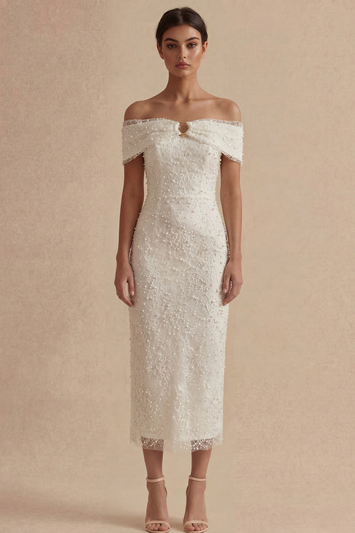 Sheath Maxi White Boho Wedding Dress with Pearls