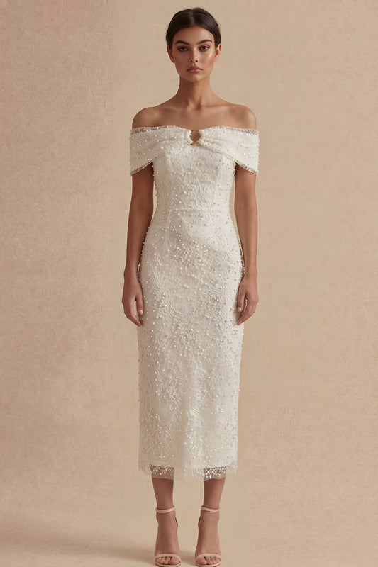 Sheath Maxi White Boho Wedding Dress with Pearls