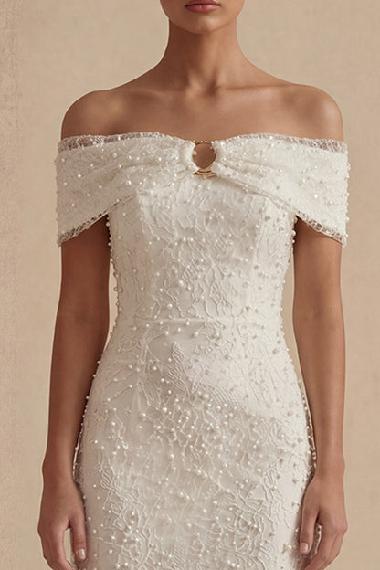 Sheath Maxi White Boho Wedding Dress with Pearls