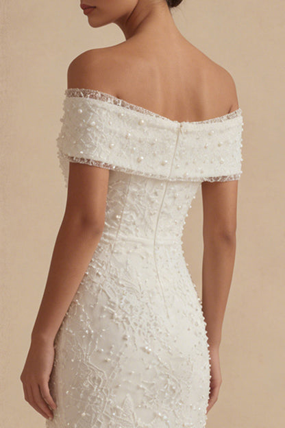 Sheath Maxi White Boho Wedding Dress with Pearls