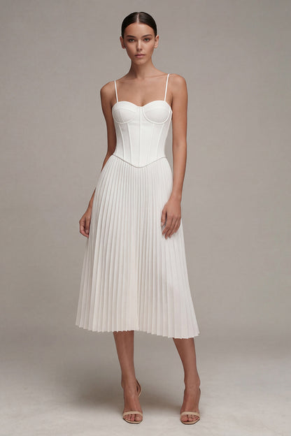 Spaghetti Straps White Midi A Line Corset Beach Wedding Dress with Pleats