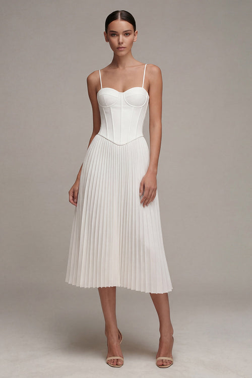 Spaghetti Straps White Midi A Line Corset Beach Wedding Dress with Pleats