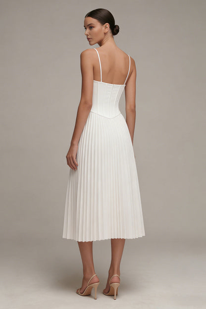 Spaghetti Straps White Midi A Line Corset Beach Wedding Dress with Pleats