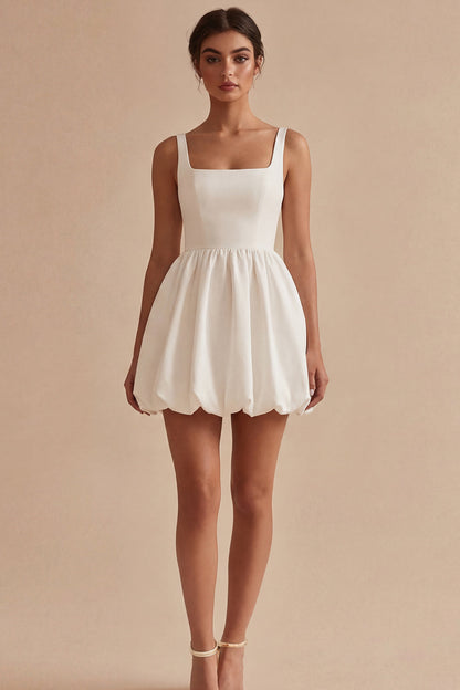 Short White A Line Square Neck Graduation Dress