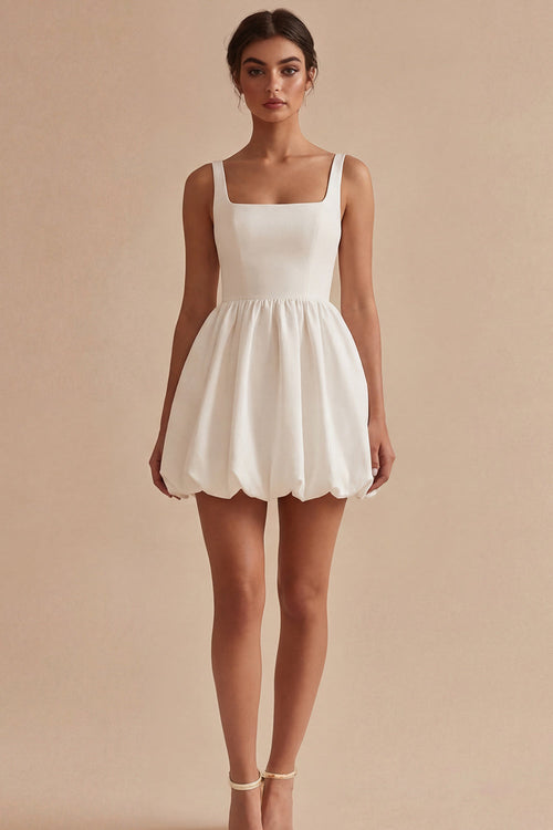 Short White A Line Square Neck Graduation Dress