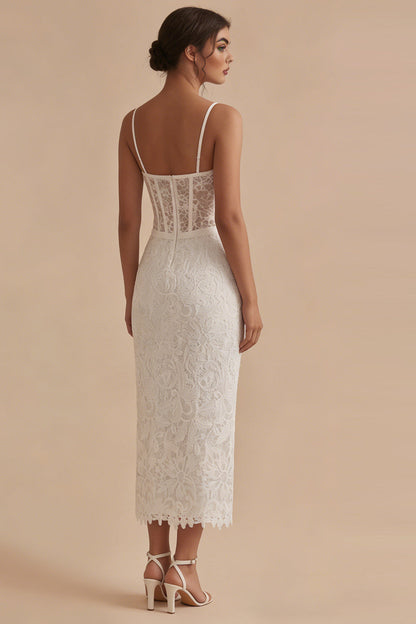 Spaghetti Straps Sheath Maxi Floral Lace Corset White Boho Wedding Dress