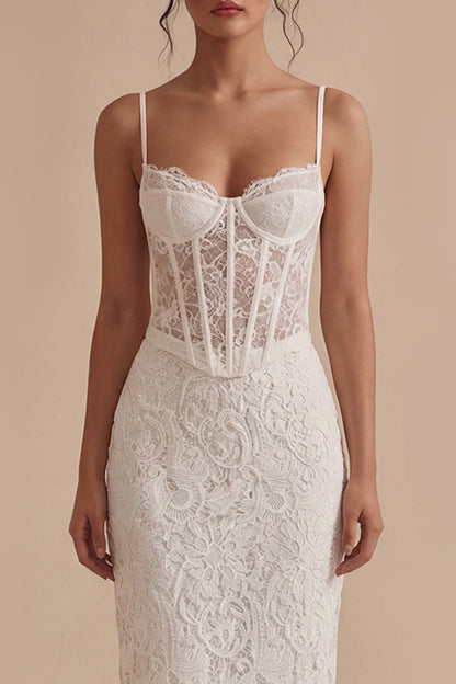 Spaghetti Straps Sheath Maxi Floral Lace Corset White Boho Wedding Dress