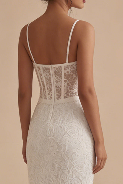 Spaghetti Straps Sheath Maxi Floral Lace Corset White Boho Wedding Dress