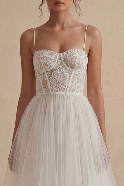 Floral Spaghetti Straps White Maxi A Line Corset Boho Wedding Dress with Lace