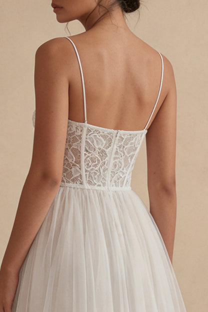 Floral Spaghetti Straps White Maxi A Line Corset Boho Wedding Dress with Lace
