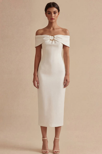 Off the Shoulder Sheath Maxi White Beach Wedding Dress