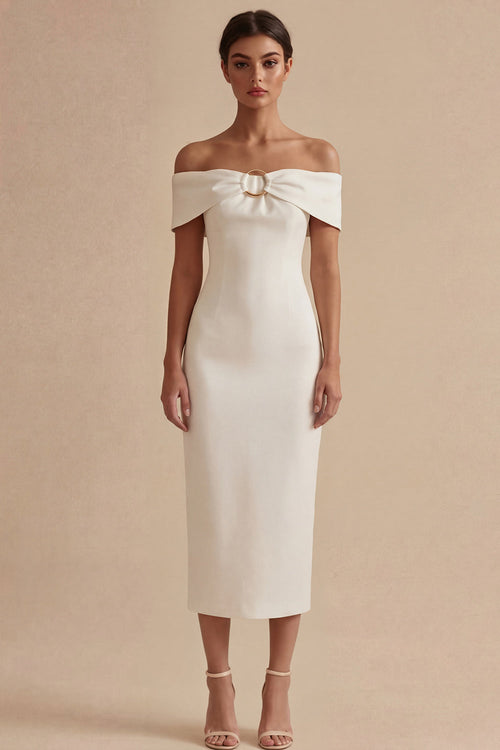 Off the Shoulder Sheath Maxi White Beach Wedding Dress