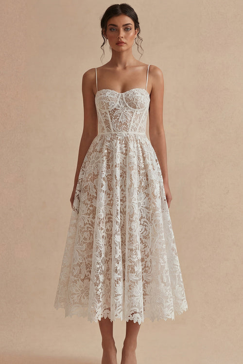 Lace Floral White Maxi A Line Corset Spaghetti Straps Boho Wedding Dress