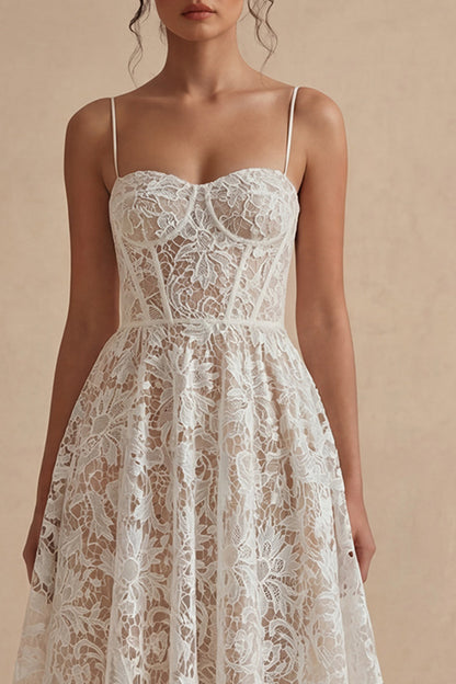 Lace Floral White Maxi A Line Corset Spaghetti Straps Boho Wedding Dress
