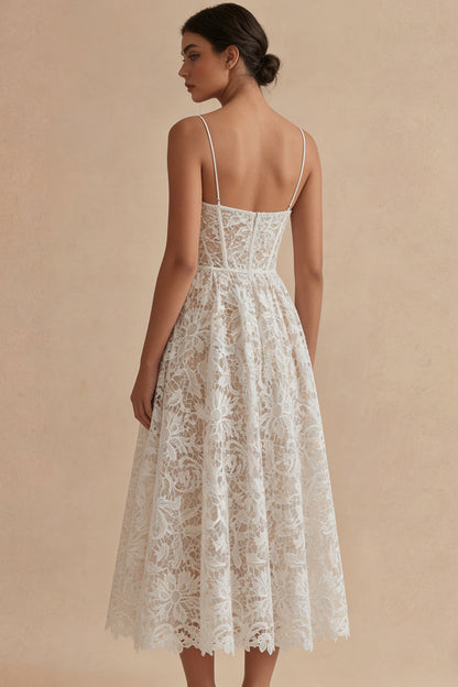 Lace Floral White Maxi A Line Corset Spaghetti Straps Boho Wedding Dress