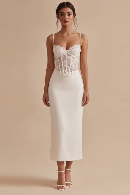 Corset Floral Sheath Maxi White Boho Wedding Dress with Lace