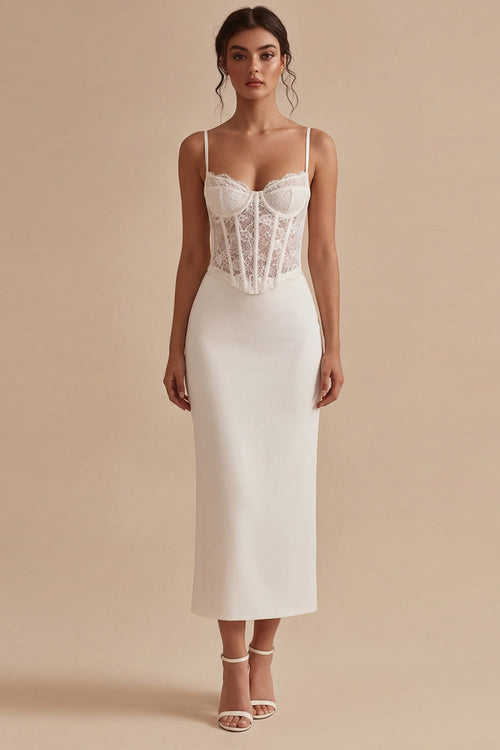 Corset Floral Sheath Maxi White Boho Wedding Dress with Lace