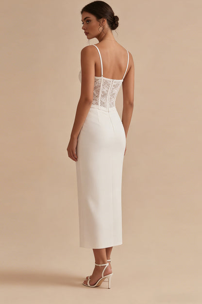 Corset Floral Sheath Maxi White Boho Wedding Dress with Lace
