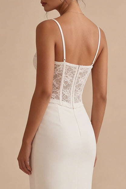 Corset Floral Sheath Maxi White Boho Wedding Dress with Lace