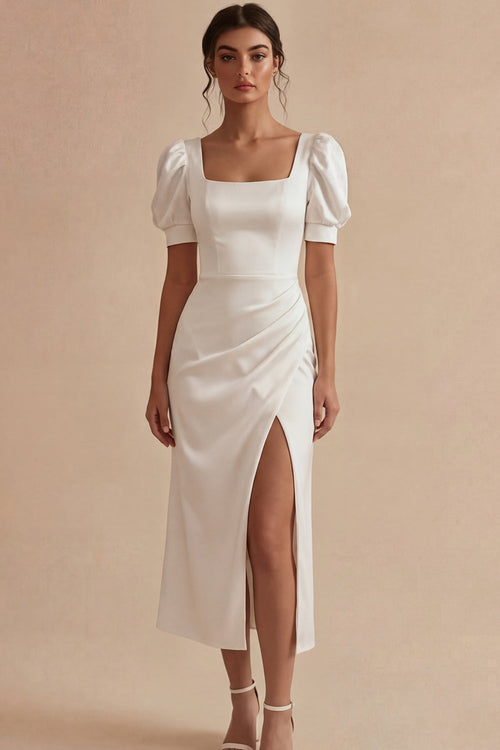 Puff Sleeves Sheath Ruched Maxi White Beach Wedding Dress with Slit
