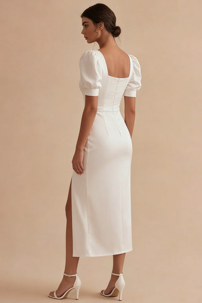 Puff Sleeves Sheath Ruched Maxi White Beach Wedding Dress with Slit