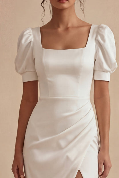 Puff Sleeves Sheath Ruched Maxi White Beach Wedding Dress with Slit