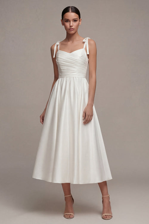 Thick Straps Ruched White Maxi A Line Beach Wedding Dress