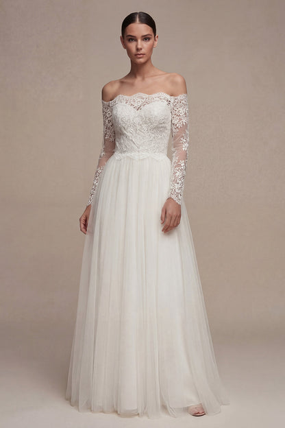 Long Sleeves Floral White Maxi A Line Wedding Dress with Lace