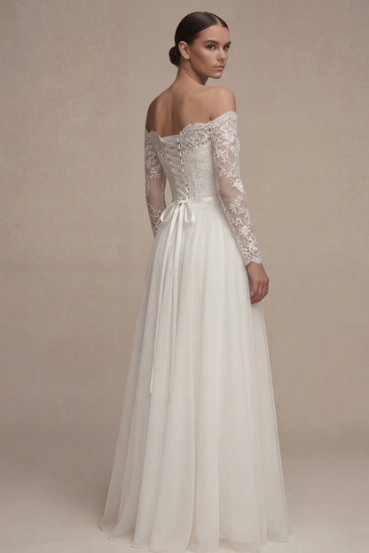 Long Sleeves Floral White Maxi A Line Wedding Dress with Lace