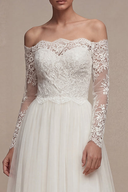 Long Sleeves Floral White Maxi A Line Wedding Dress with Lace