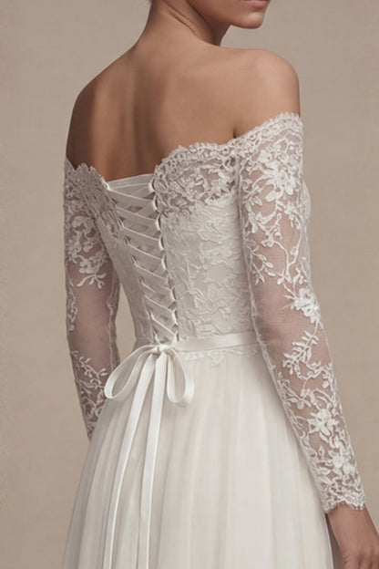 Long Sleeves Floral White Maxi A Line Wedding Dress with Lace