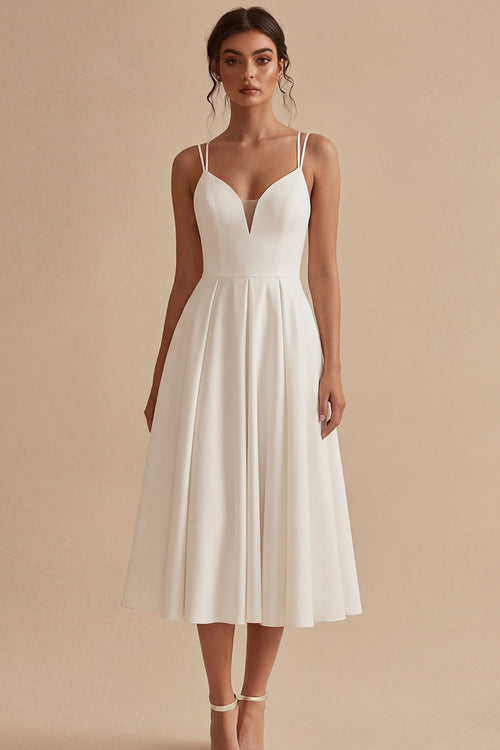 Simple V-Neck White Maxi A Line Beach Wedding Dress